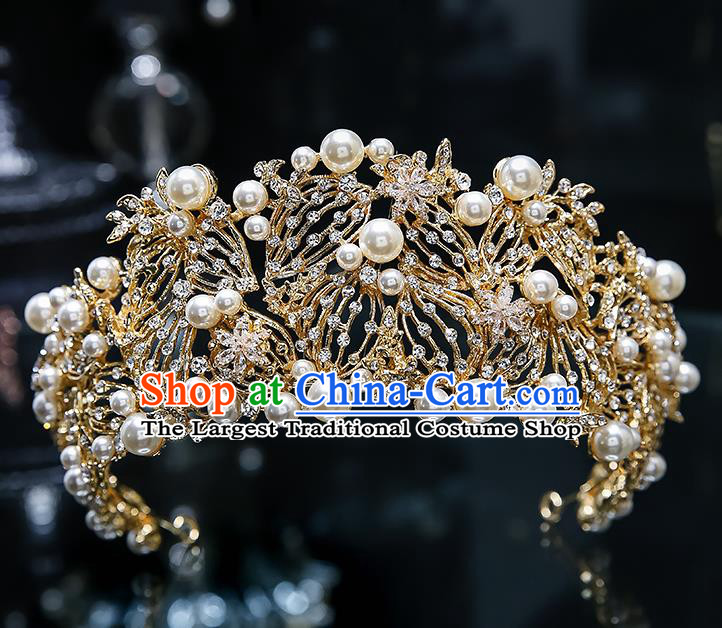 Handmade Baroque Golden Royal Crown Wedding Hair Accessories Classical European Bride Headwear Hair Clasp