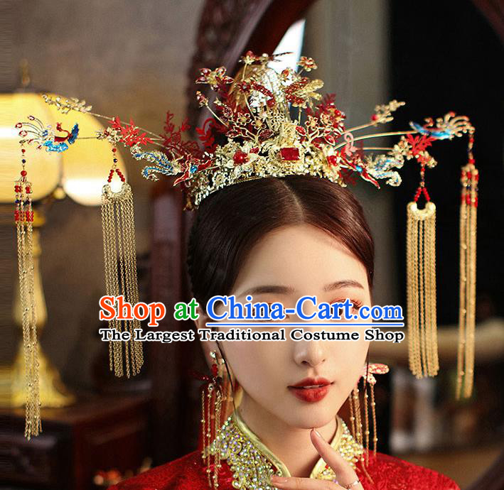 Chinese Handmade Blueing Phoenix Coronet Classical Wedding Hair Accessories Ancient Bride Hairpins Tassel Hair Crown Complete Set