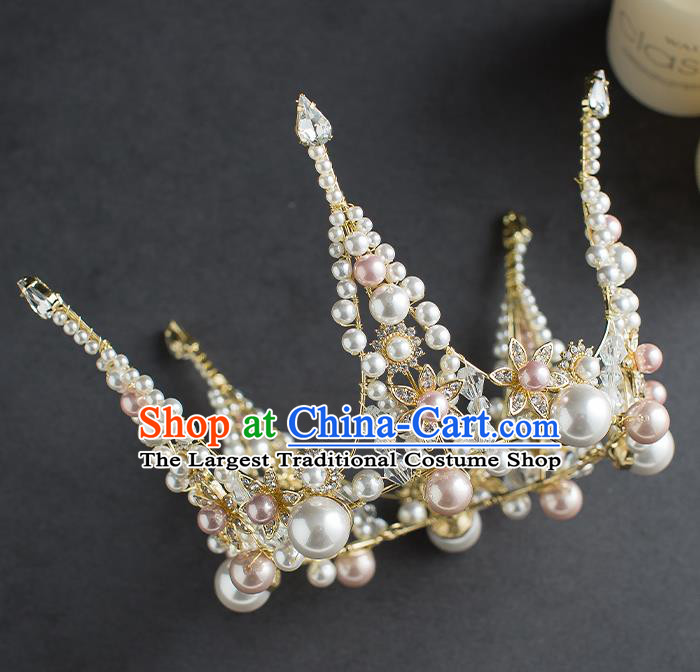 Handmade Baroque Pearls Round Royal Crown Wedding Hair Accessories Classical European Bride Headwear Hair Clasp