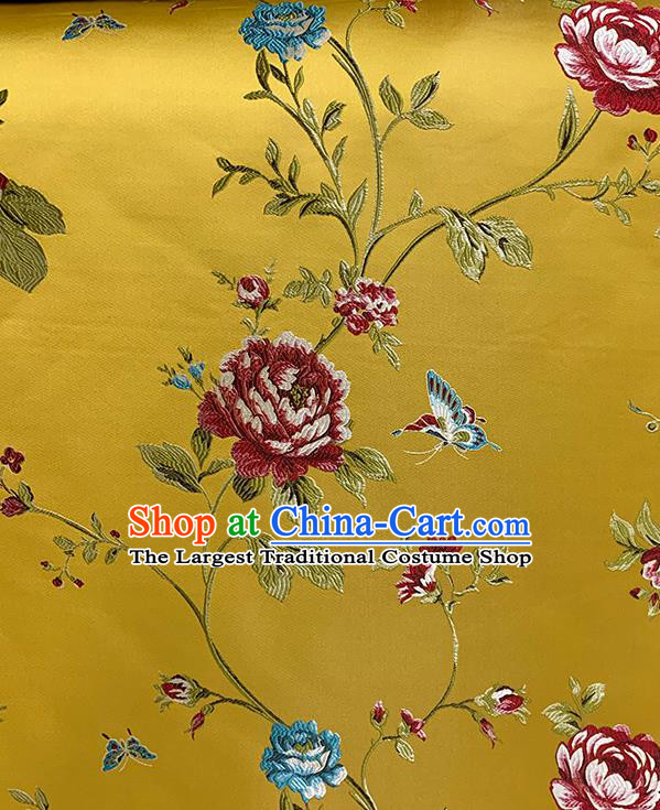 Chinese Traditional Butterfly Peony Pattern Yellow Silk Fabric Brocade Drapery Hanfu Dress Damask Material