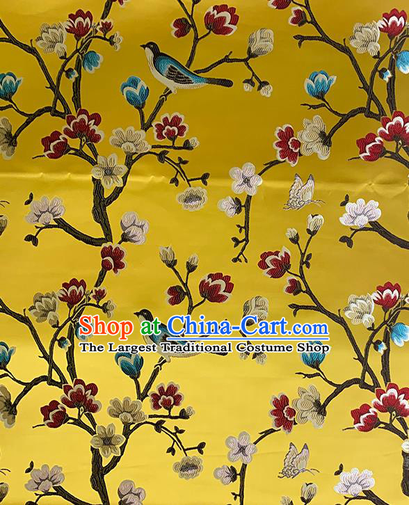 Chinese Traditional Magpie Plum Pattern Yellow Silk Fabric Brocade Drapery Hanfu Dress Damask Material