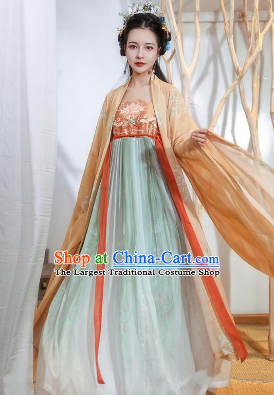 Chinese Tang Dynasty Princess Historical Costumes Traditional Ancient Hanfu Apparels Embroidered Cape and Dress Full Set