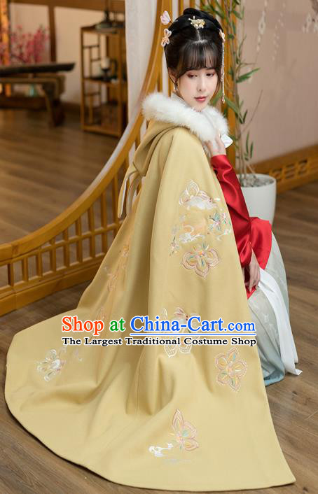 Chinese Traditional Ancient Court Lady Hanfu Apparels Ming Dynasty Historical Costumes Embroidered Yellow Woolen Cloak