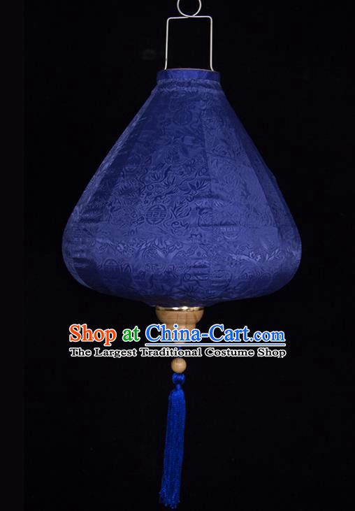 Chinese Traditional Lucky Pattern Deep Blue Silk Palace Lanterns Handmade Hanging Lantern Classical Festive New Year Tulip Lamp