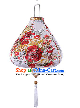 Chinese Traditional Printing Flowers White Palace Lanterns Handmade Hanging Lantern Classical Festive New Year Satin Lamp