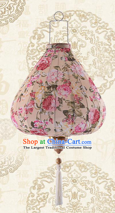 Chinese Traditional Printing Roses Beige Palace Lanterns Handmade Hanging Lantern Classical Festive New Year Satin Lamp