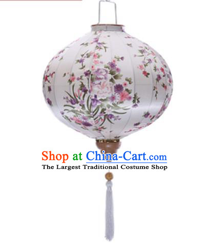 Chinese Handmade Printing Flowers White Satin Palace Lanterns Traditional New Year Hanging Lantern Classical Mid Autumn Festival Lamp