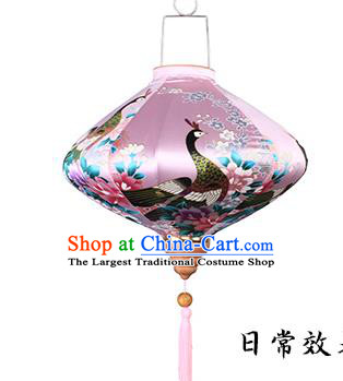 Handmade Chinese Printing Peacock Pink Satin Palace Lanterns Traditional New Year Lantern Classical Festival Silk Lamp