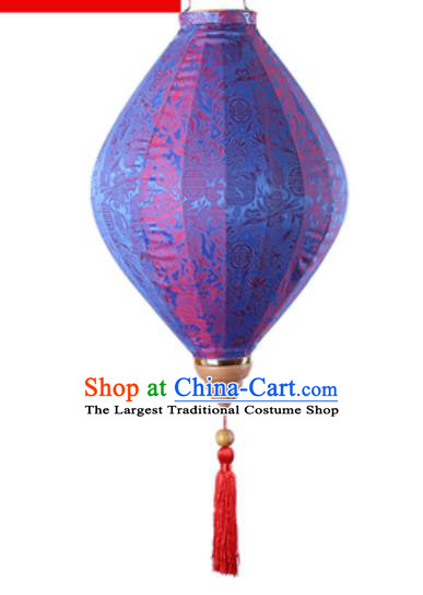 Chinese Handmade Blue Satin Palace Lanterns Traditional Festive Hanging Lantern New Year Classical Jacquard Cloth Lamp