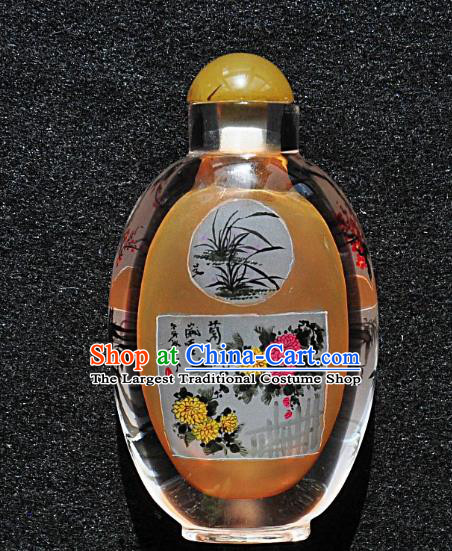 Chinese Handmade Glass Yellow Snuff Bottle Craft Traditional Inside Painting Orchid Chrysanthemum Snuff Bottles Artware