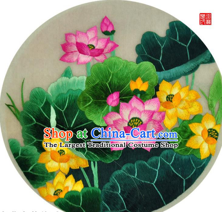 Traditional Chinese Embroidered Lotus Decorative Painting Hand Embroidery Silk Round Wall Picture Craft