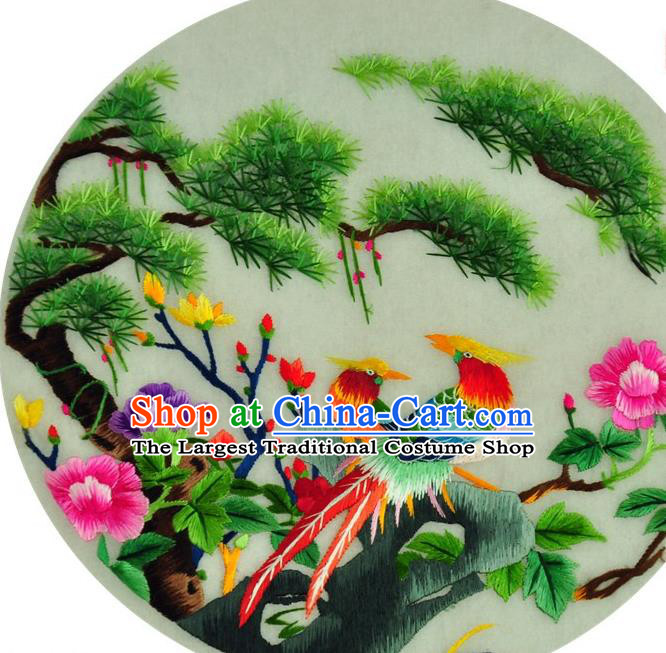 Traditional Chinese Embroidered Pine Decorative Painting Hand Embroidery Peony Birds Silk Wall Picture Craft