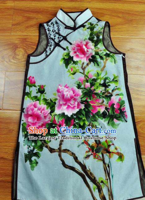 Traditional Chinese Embroidered Peony Vest Hand Su Embroidery Tang Suit Blue Silk Waistcoat for Women