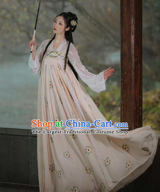 Chinese Traditional Tang Dynasty Princess Costumes Ancient Noble Lady Garment Hanfu Blouse and Apricot Dress Complete Set