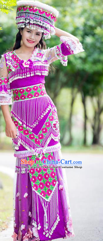 China Miao Ethnic Purple Apparels Minority Stage Performance Costumes Yunnan Nationality Women Long Dress and Headdress