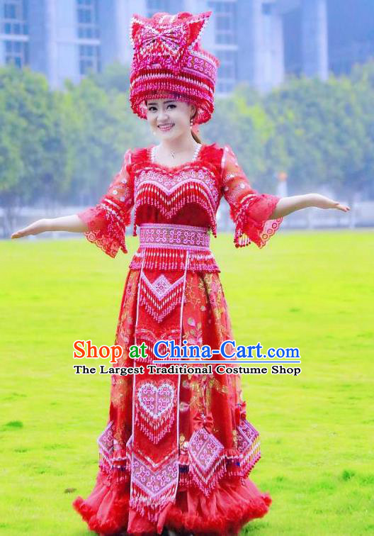 China Ethnic Women Red Wedding Dress Miao Minority Bride Costumes Yunnan Nationality Women Apparels with Headdress