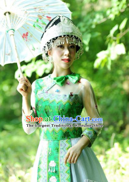 China Guangxi Yao Nationality Folk Dance Apparels Minority Women Clothing Ethnic Green Short Dress and Hat