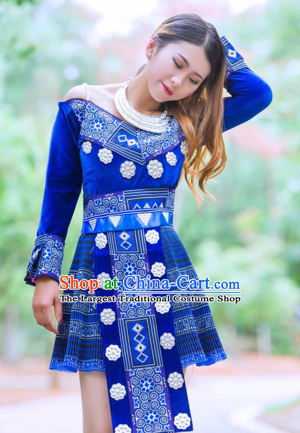 China Yunnan Nationality Royalblue Velvet Blouse and Short Skirt Miao Minority Folk Dance Clothing Wenshan Ethnic Women Apparels