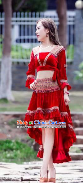 China Ethnic Women Apparels Miao Nationality Red Velvet Blouse and Short Skirt Minority Folk Dance Clothing