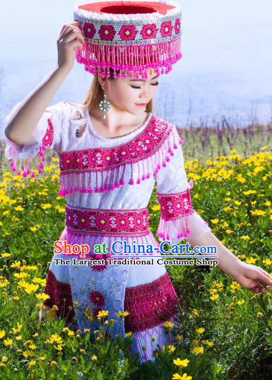 China Yunnan Ethnic Rosy Beads Tassel Blouse and Short Pleated Skirt Miao Minority Folk Dance Costume with Headwear