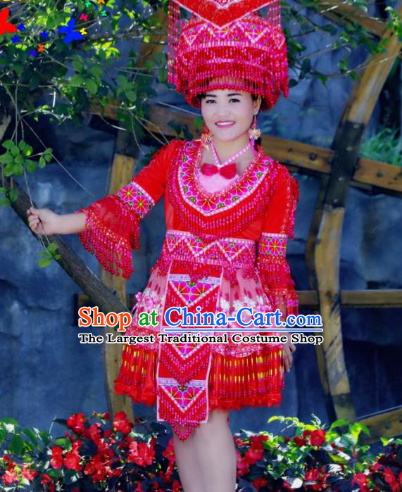 China Ethnic Traditional Festival Clothes Wedding Red Dress Miao Minority Folk Dance Costume and Hat