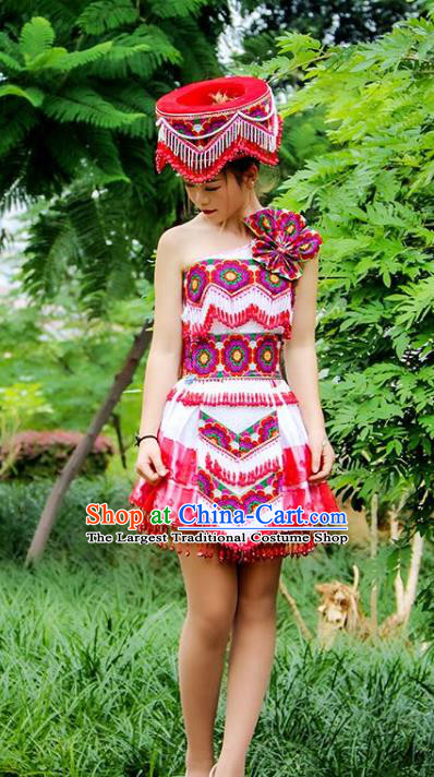 Traditional China Yi Ethnic Female Clothing Women Short Dress Yunnan Minority Clothing and Hat Full Set