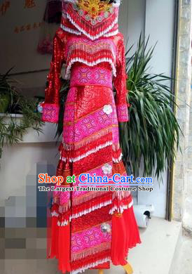 Traditional China Miao Minority Women Red Dress Hmong Bride Costumes Yunnan Mengzi Ethnic Clothing and Hat