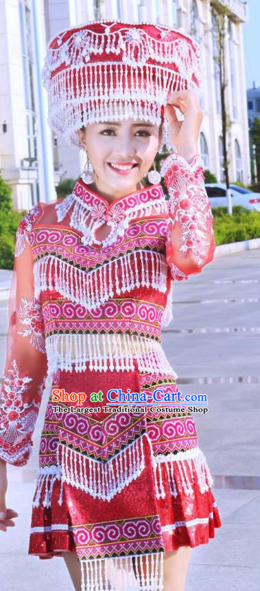 China Hmong Ethnic Female Red Short Dress Yunnan Miao Minority Clothing Folk Dance Apparels and Headwear