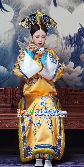 Chinese Ancient Manchu Empress Embroidered Golden Dress Traditional Qing Dynasty Queen Costumes and Headwear Complete Set