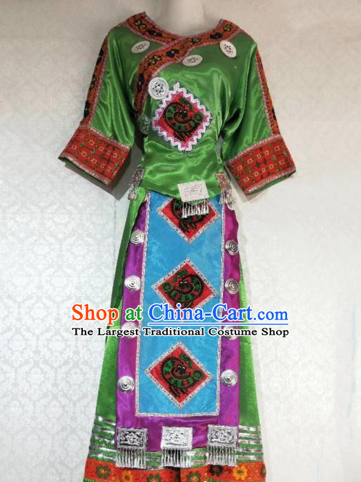 China Ethnic Clothing Traditional Hmong Women Apparels Miao Nationality Minority Folk Dance Costumes Embroidered Green Blouse and Skirt