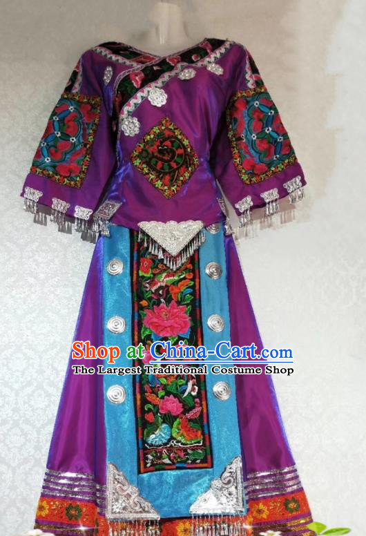 China Traditional Ethnic Miao Nationality Embroidered Purple Blouse and Skirt Outfits