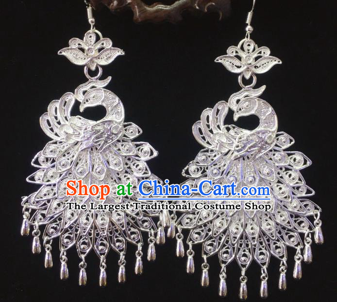 China Nationality Jewelry Handmade Hmong Guizhou Miao Ethnic Minority Ear Accessories Argent Peacock Earrings