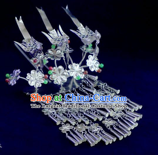 Quality Chinese Ethnic Colorful Beads Hair Stick Miao Nationality Three Birds Hairpins Festival Hair Accessories