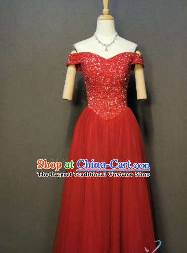 Bride Toast Red Off Shoulder Dress Evening Wear Compere Full Dress Annual Meeting Costumes