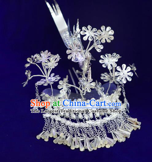 Chinese Miao Nationality Silver Bird Hair Crown Guizhou Ethnic Women Hair Accessories Tassel Hairpins