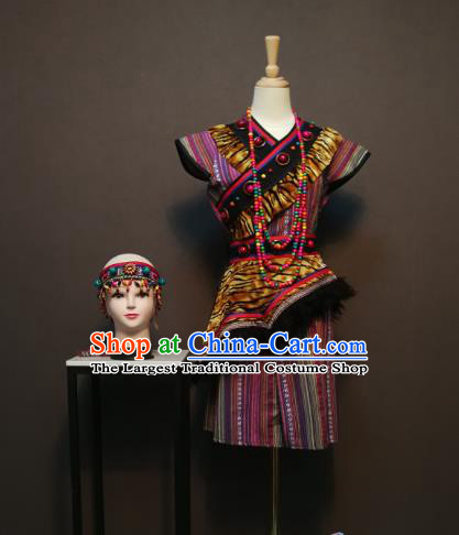 China Traditional Dulong Nationality Blouse and Skirt Outfits She Minority Festival Women Costumes Ethnic Folk Dance Clothing with Headpiece