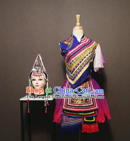 Custom China Traditional She Ethnic Folk Dance Clothing Minority Women Costumes She Nationality Embroidered Blue Blouse and Skirt and Headpieces