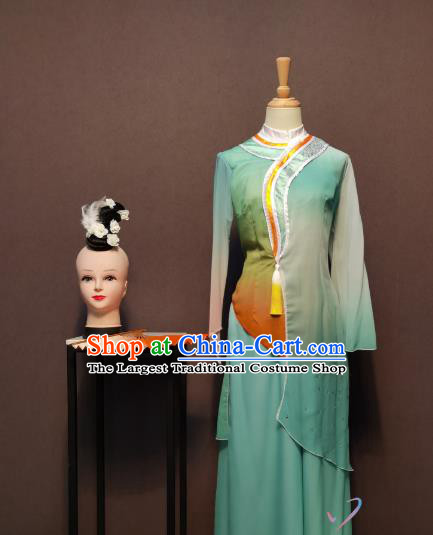 China Women Fan Dance Clothing Blue Dress Spring Festival Gala Classical Dance Costumes and Headwear