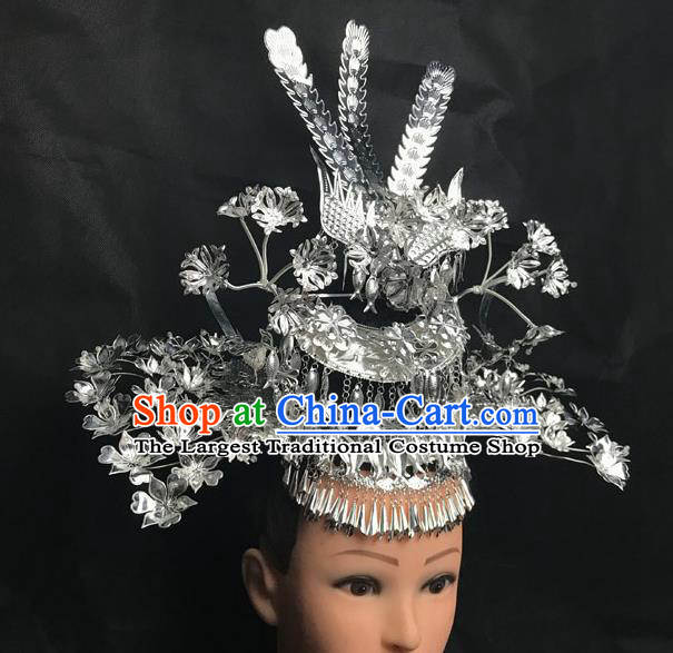 China Miao Minority Nationality Hair Accessories Handmade Dong Ethnic Folk Dance Headdress Phoenix Hair Crown Tassel Hair Comb and Hairpins Full Set