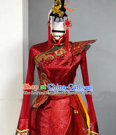 Traditional China Classical Dance Costume New Year Drum Dance Red Dress and Hair Accessories for Women