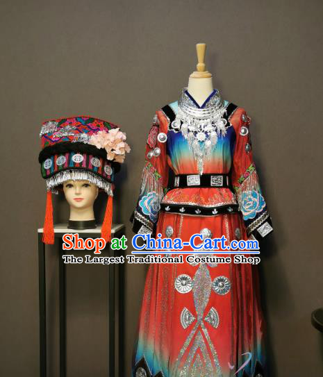 China Traditional Miao Nationality Costumes Ethnic Folk Dance Clothing Minority Wedding Dress and Headwear for Women