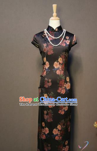 China Printing Peony Black Silk Qipao Dress Classical Dance Costume Women Stage Performance Cheongsam