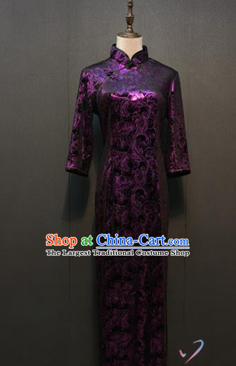 Republic of China Middle Age Women Cheongsam Drama Performance Clothing Purple Lace Mother Qipao Dress