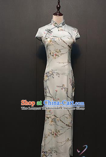 Custom Young Lady Cheongsam Drama Performance Clothing Republic of China Classical Printing White Silk Qipao Dress