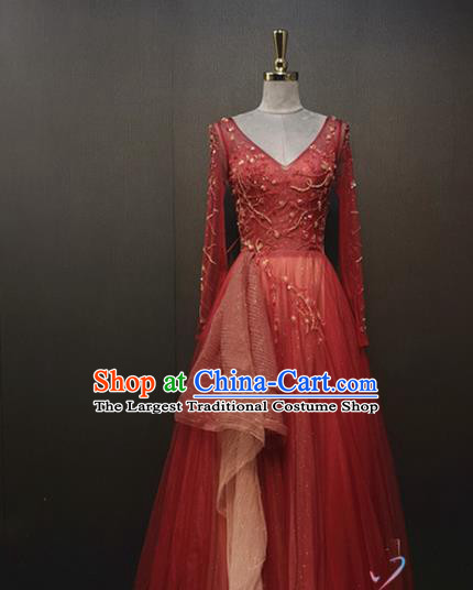 Top Grade Compere Red Dress Stage Performance Modern Dance Clothing Waltz Dance Costume