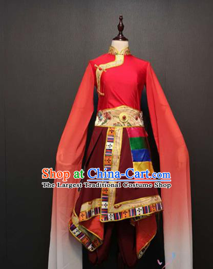 Custom China Zang Nationality Red Dress Ethnic Folk Dance Clothing Traditional Tibetan Minority Water Sleeve Costumes