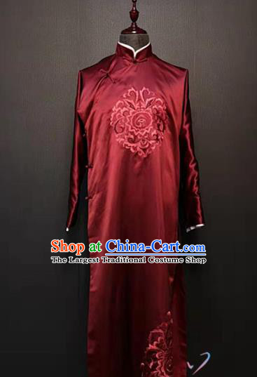 China Traditional Bridegroom Clothing Cross Talk Stage Performance Costume Red Robe for Men