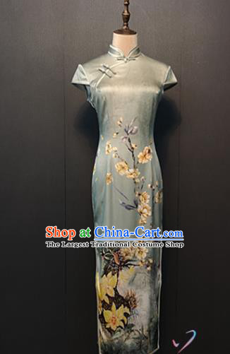 Compere Light Blue Silk Qipao Dress Custom Stage Performance Clothing Classical Printing Yulan Magnolia Cheongsam