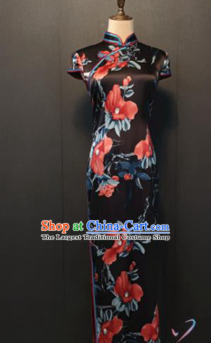 Republic of China Traditional Printing Camellia Black Silk Cheongsam Custom Clothing Classical Shanghai Women Qipao Dress