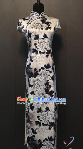 Traditional Printing Peony White Silk Cheongsam Custom Classical Qipao Dress Republic of China Shanghai Women Clothing